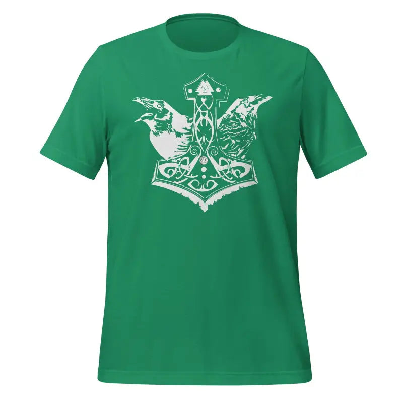 Green Odin’s Chosen T-Shirt featuring Norse design with Thor’s hammer and ravens