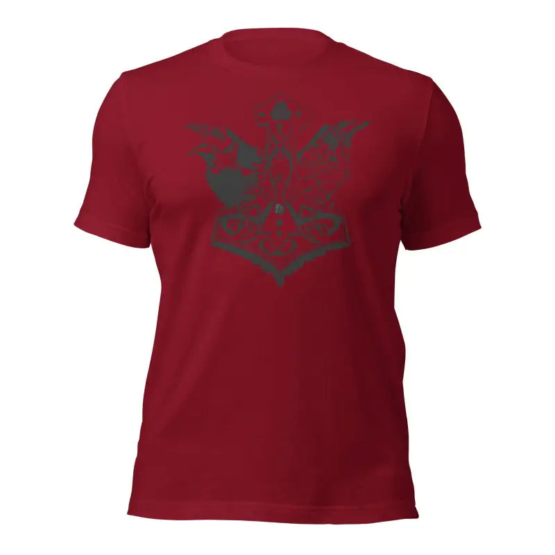 Burgundy Odin’s Legacy T-Shirt featuring a black Mjölnir geometric design