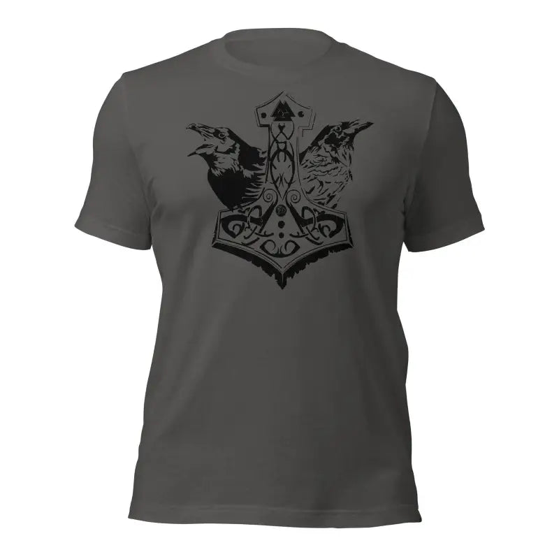 Dark gray Odin’s Legacy T-Shirt featuring black Mjölnir design with ravens