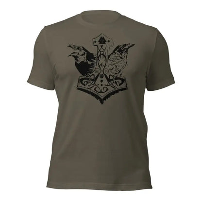 Olive green Odin’s Legacy T-shirt with black Mjölnir and raven design