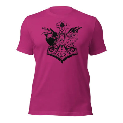 Pink Odin’s Legacy T-Shirt featuring a black Mjölnir and raven design