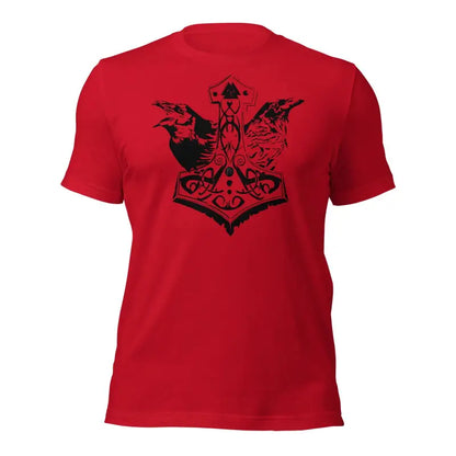 Red Odin’s Legacy T-Shirt in Burgundy featuring Black Mjölnir and raven design