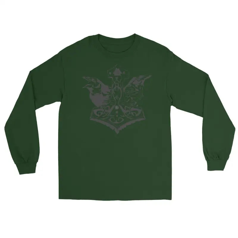 Dark green long-sleeve t-shirt featuring Thor’s Hammer and Odin’s Ravens graphic design