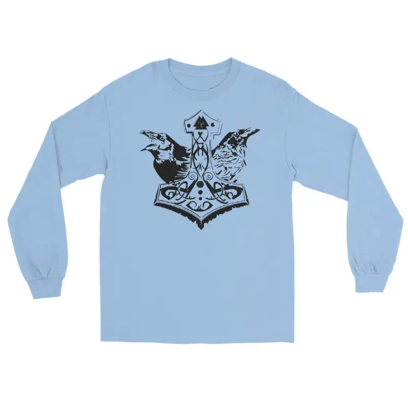 Light blue long sleeve tee featuring a black Norse-style Thor’s hammer design