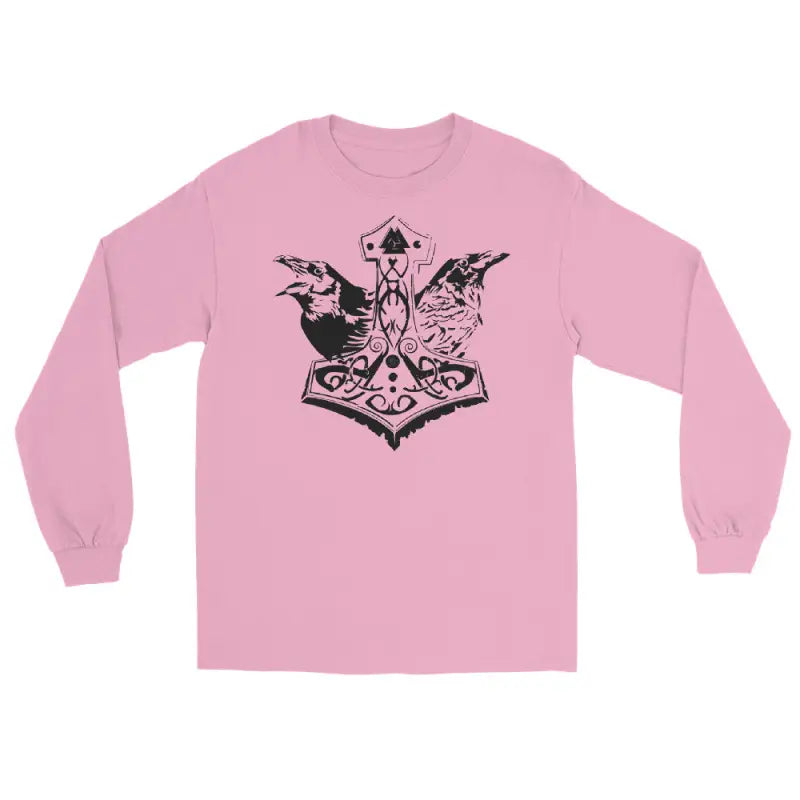 Pink long sleeve tee featuring black tribal Thor’s hammer design for ancient power