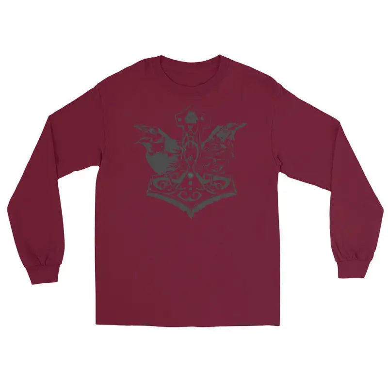 Burgundy long sleeve tee featuring a dark graphic design inspired by Odin’s Ravens