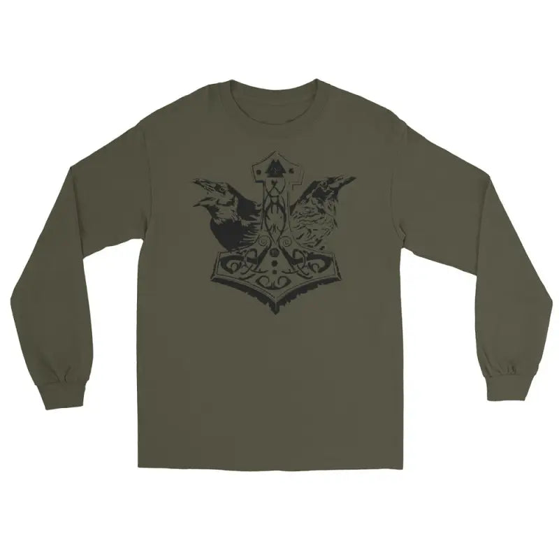 Olive green long-sleeve tee featuring Thor’s Hammer design by Matthew Dye Art