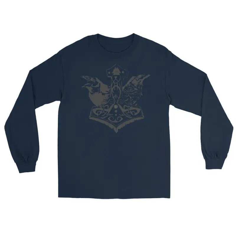 Navy blue long-sleeve t-shirt featuring Thor’s Hammer and Odin’s Ravens graphic design