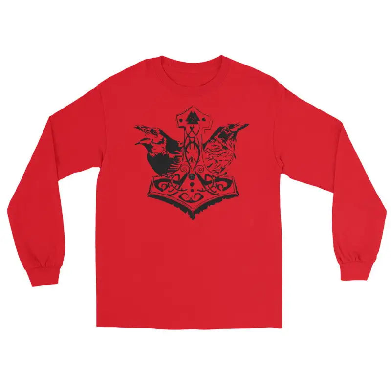 Red long sleeve tee featuring a black tribal design on the back for Odin’s Ravens collection