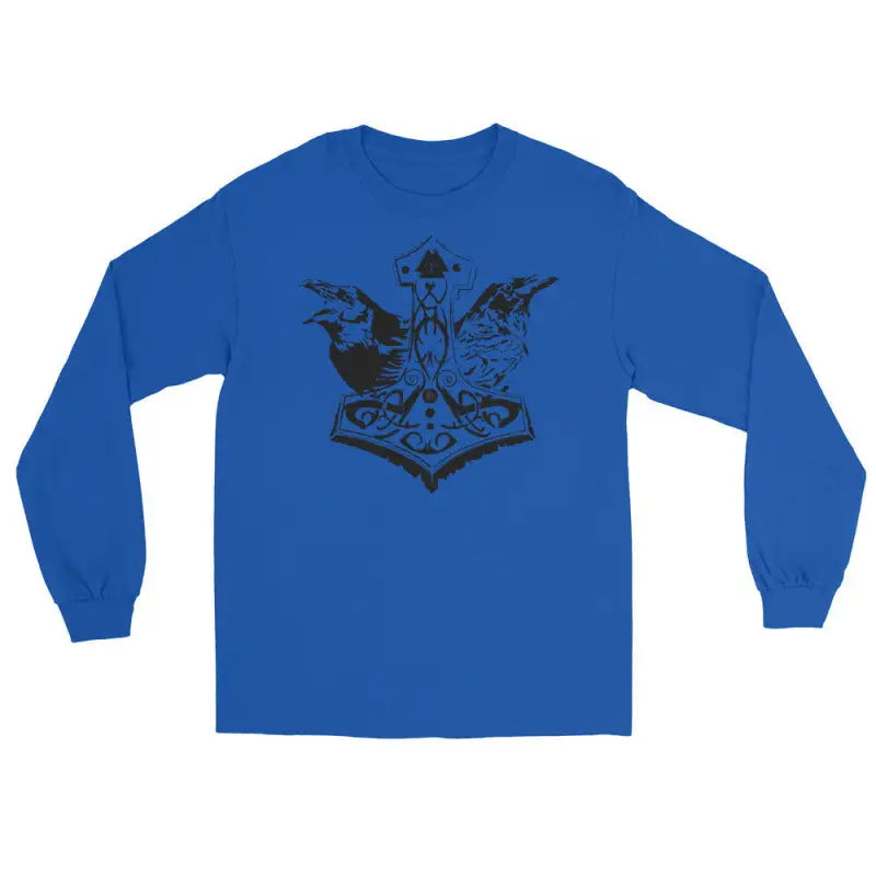 Royal blue long-sleeve tee featuring Thor’s Hammer and Odin’s Ravens design by Matthew Dye Art