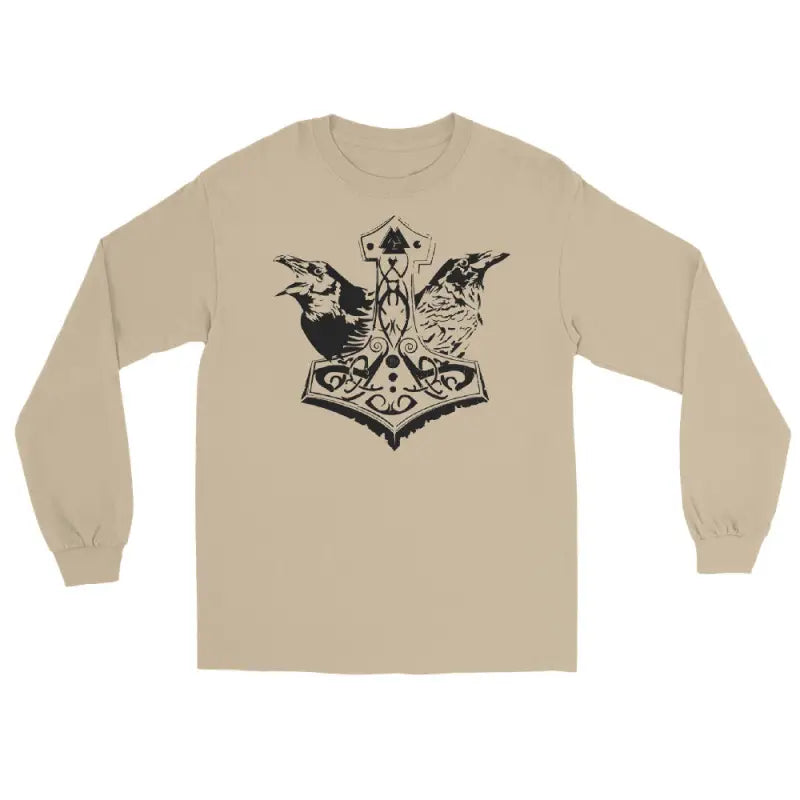 Beige long sleeve tee with black Norse Thor’s hammer and ravens design