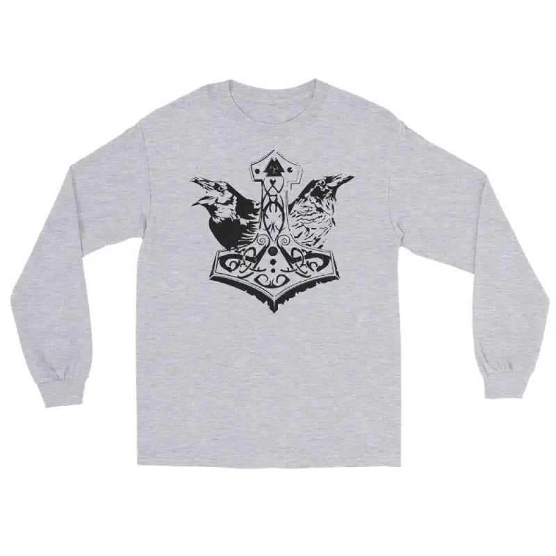 Grey long sleeve tee featuring a black Norse-style Thor’s hammer design for Odin’s Ravens