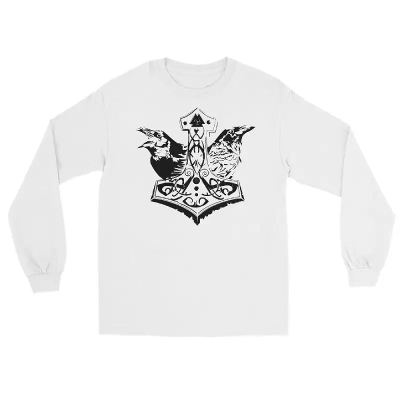 White long-sleeve t-shirt featuring Thor’s Hammer and Odin’s Ravens design by Matthew Dye Art