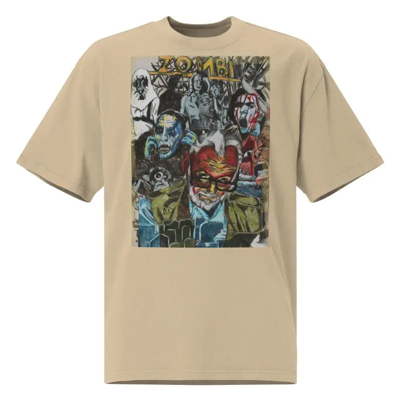 Beige oversized faded t-shirt featuring colorful comic book style graphic print homage to Zombie Cinema