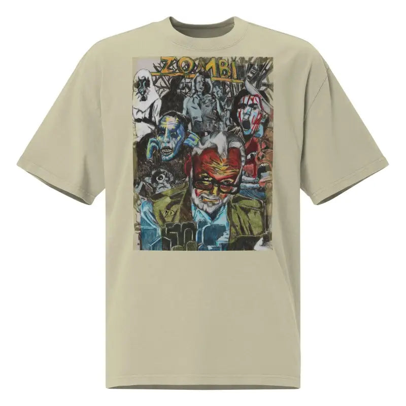 Beige oversized faded t-shirt with colorful graffiti art for Zombie Cinema tribute