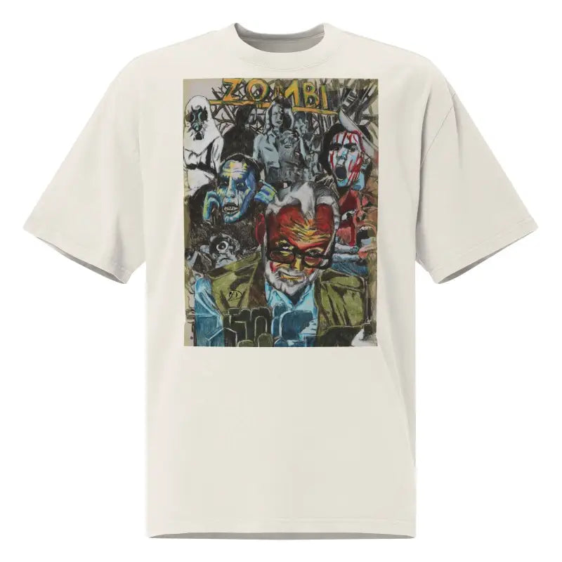 White oversized faded t-shirt with colorful comic book graphic celebrating Zombie Cinema