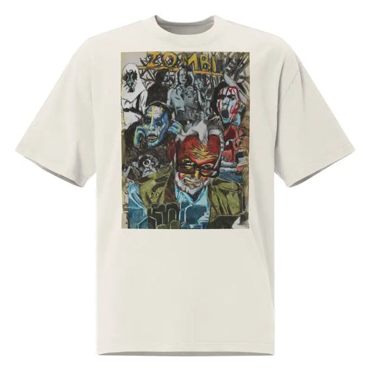 Oversized faded t-shirt with colorful comic book graphic celebrating Zombie Cinema