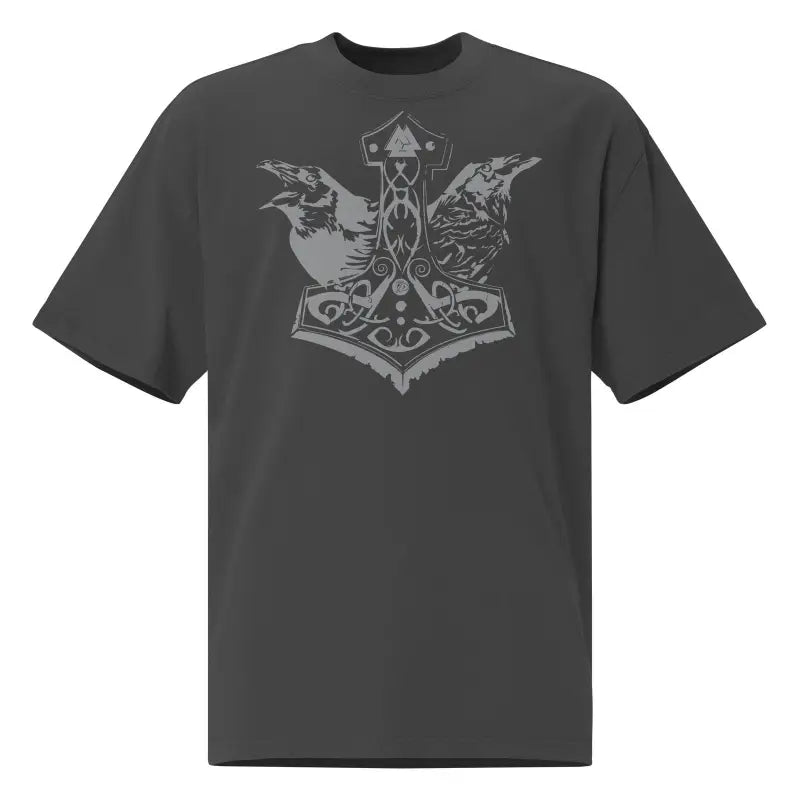 Dark gray oversized t-shirt featuring Mjölnir and ravens design inspired by Norse mythology