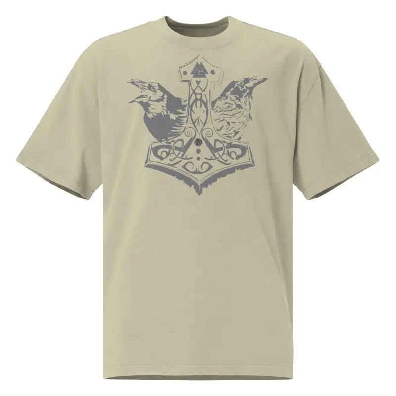 Beige oversized tee featuring Thor’s hammer design inspired by Norse mythology