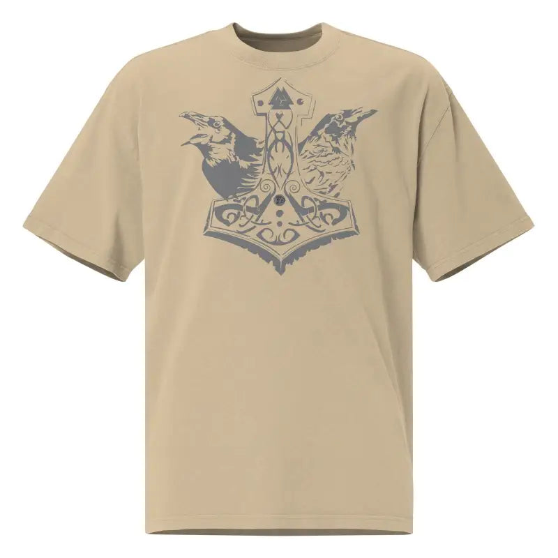 Beige oversized t-shirt featuring a gray Norse mythology design with Mjölnir and dragons