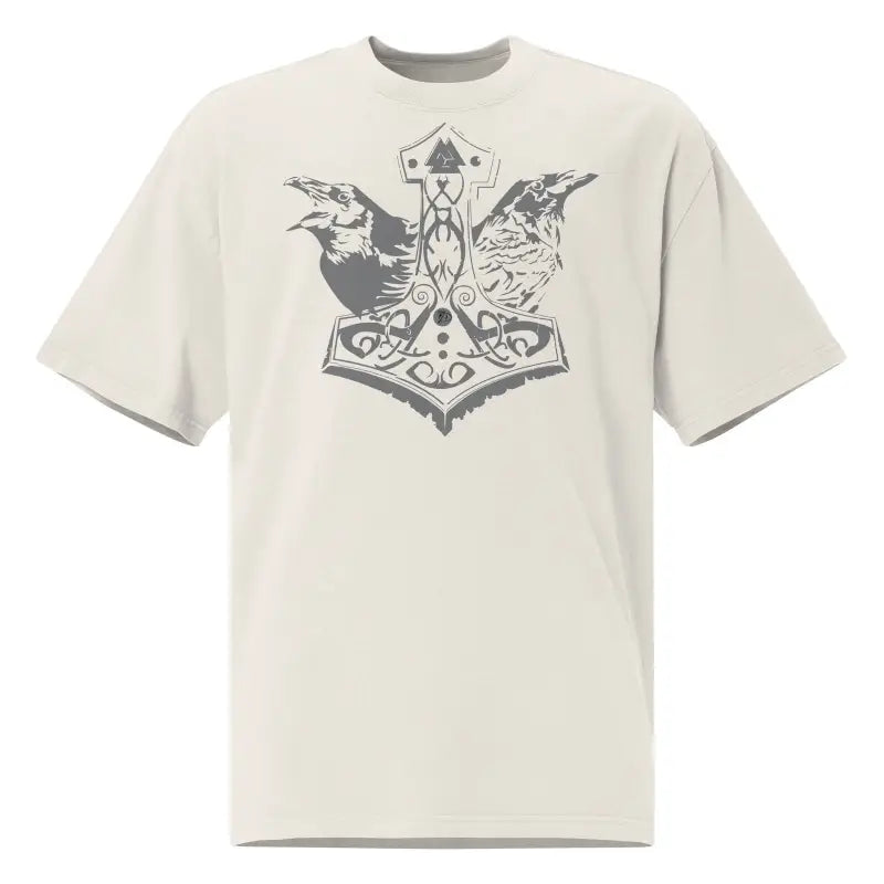 Light-colored oversized tee featuring Mjölnir and ravens from Norse mythology