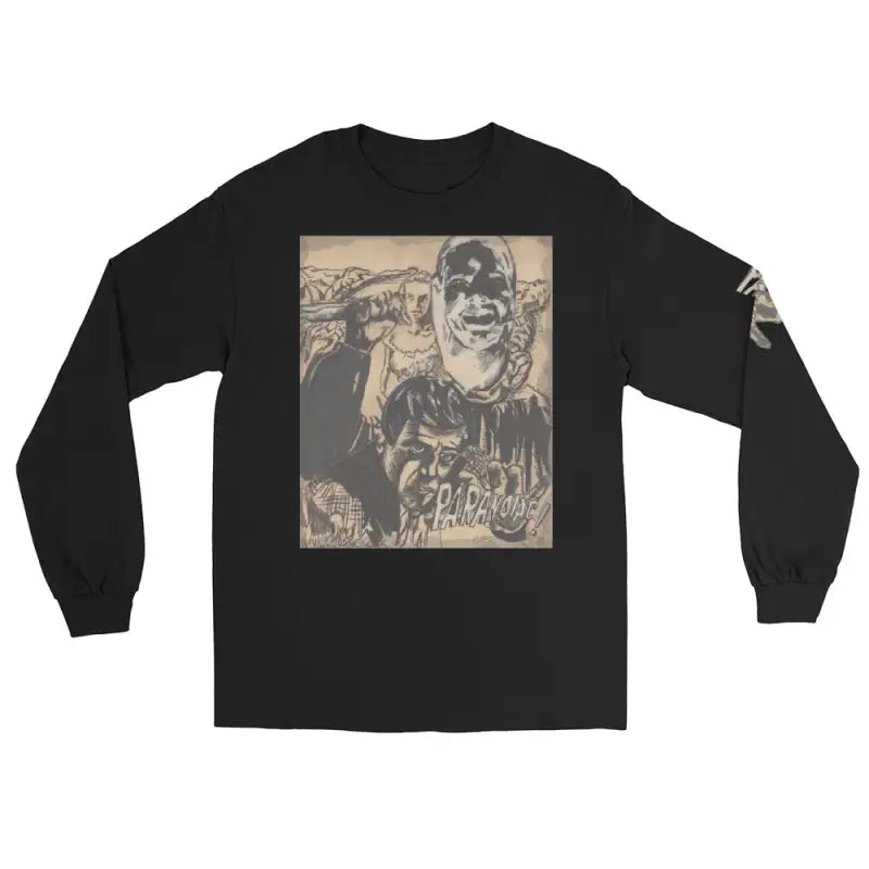 Black long-sleeve t-shirt featuring haunting elegance with Paranoiac Mixed Media graphic print