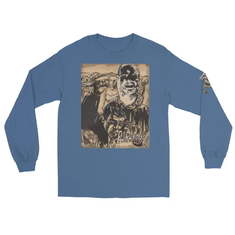 Blue long-sleeve t-shirt featuring Paranoiac Mixed Media horror graphic print