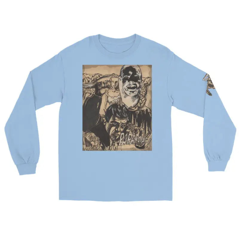 Light blue long-sleeve shirt featuring Paranoiac Mixed Media horror poster art print