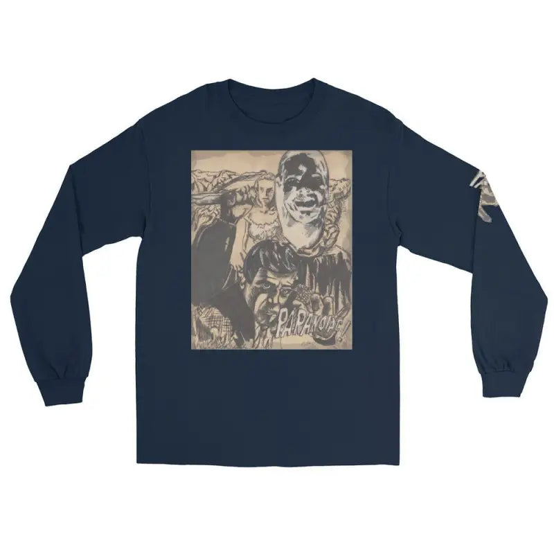 Navy blue long sleeve shirt featuring a vintage horror poster design on the back