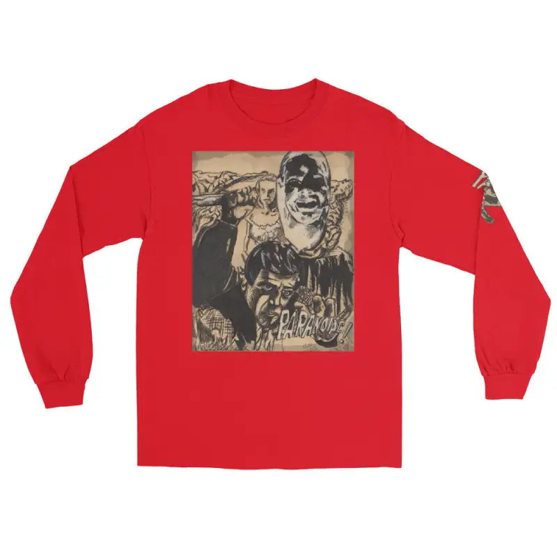 Red long-sleeve t-shirt featuring Paranoiac Mixed Media horror art graphic print