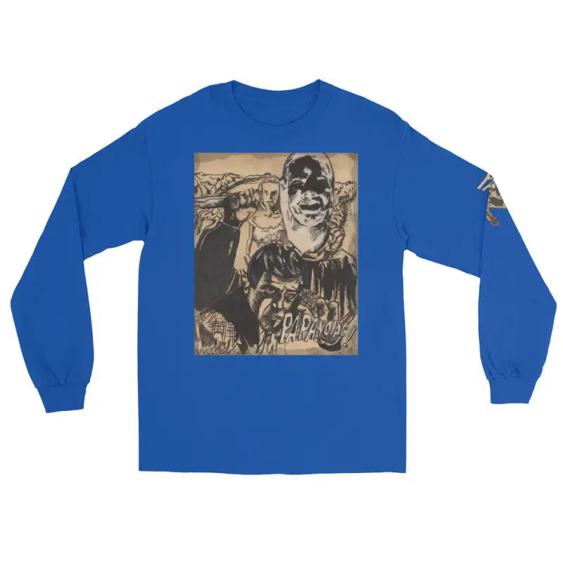 Royal blue long sleeve shirt featuring black and white horror poster graphic design