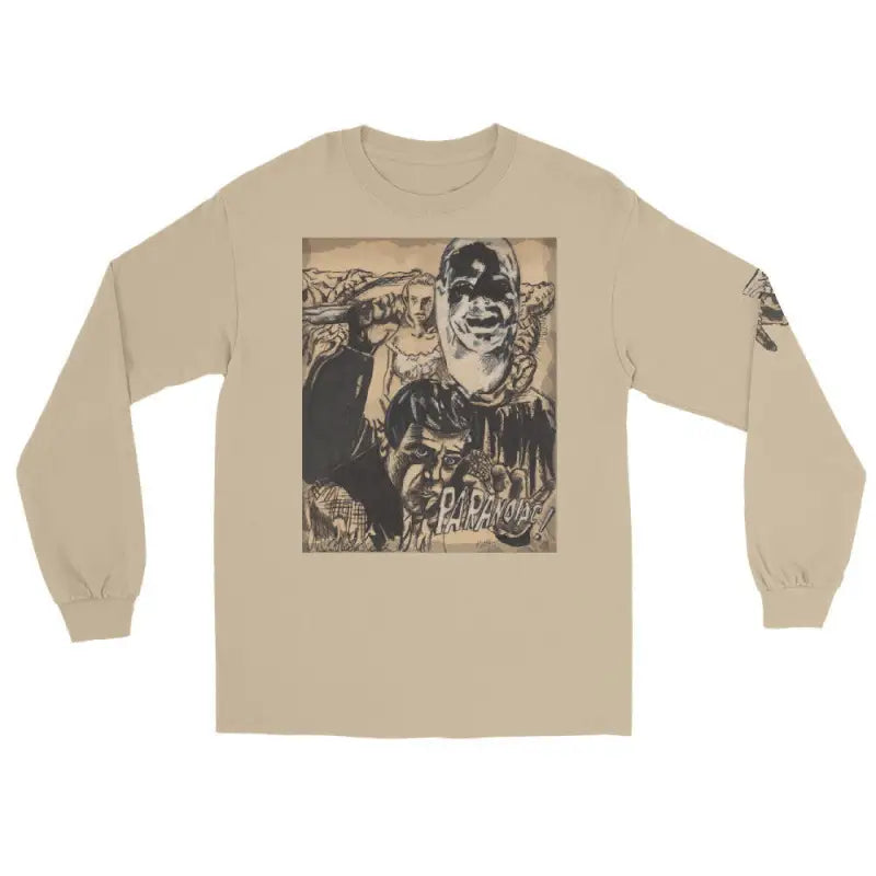 Tan long sleeve shirt featuring black and white horror poster artistic portrait design