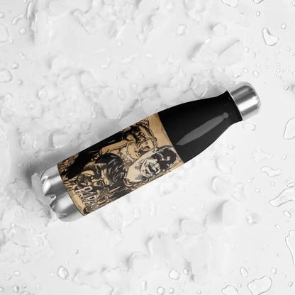 Black stainless steel water bottle with artistic sepia-toned label design