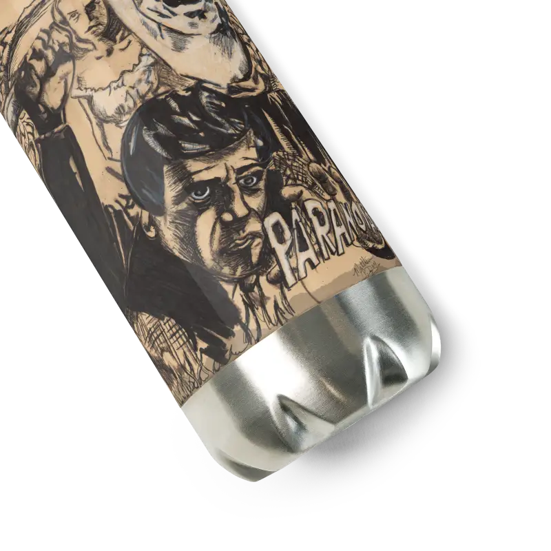 Metallic stainless steel water bottle featuring vintage artwork and artistic text design