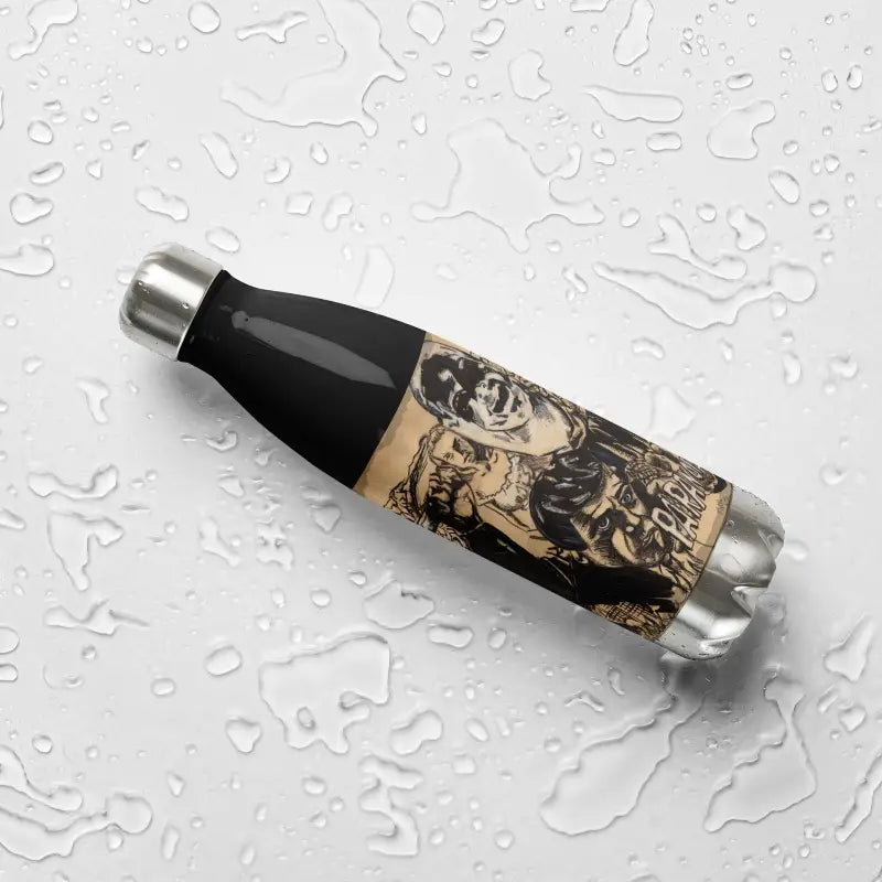 Black stainless steel water bottle featuring vintage-style artwork on the label