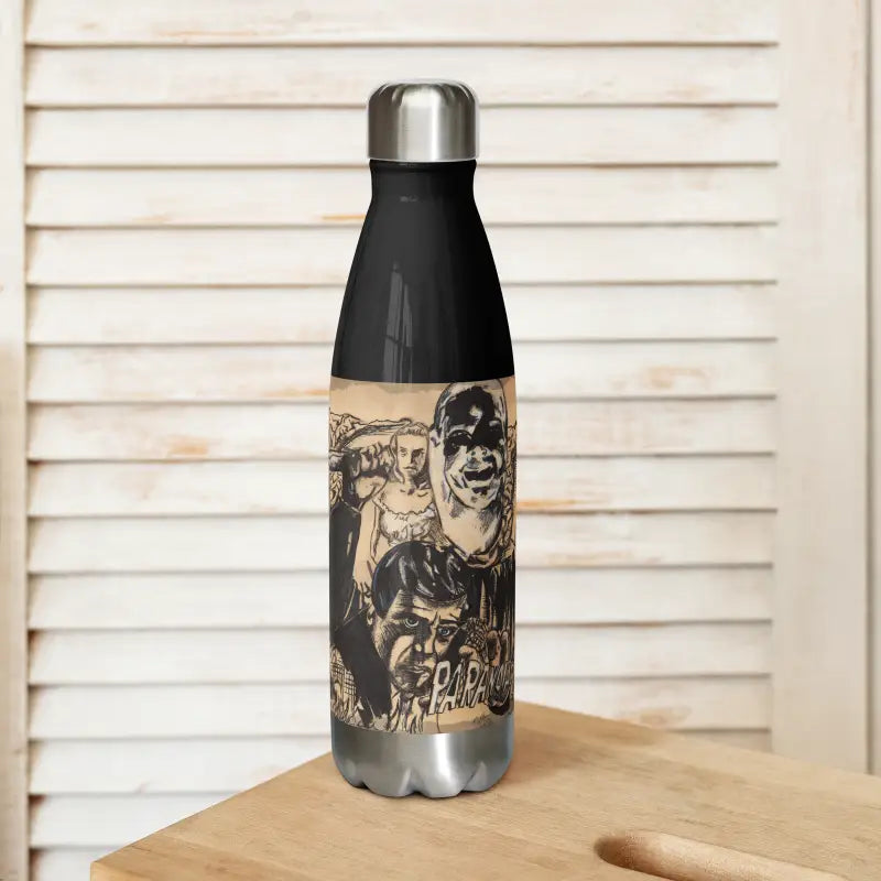 Black and silver stainless steel water bottle with artistic monochrome graphics design