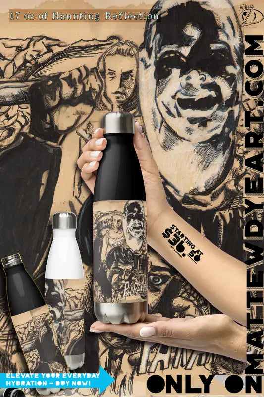 Stylized black and white stainless steel water bottle featuring artistic portrait designs