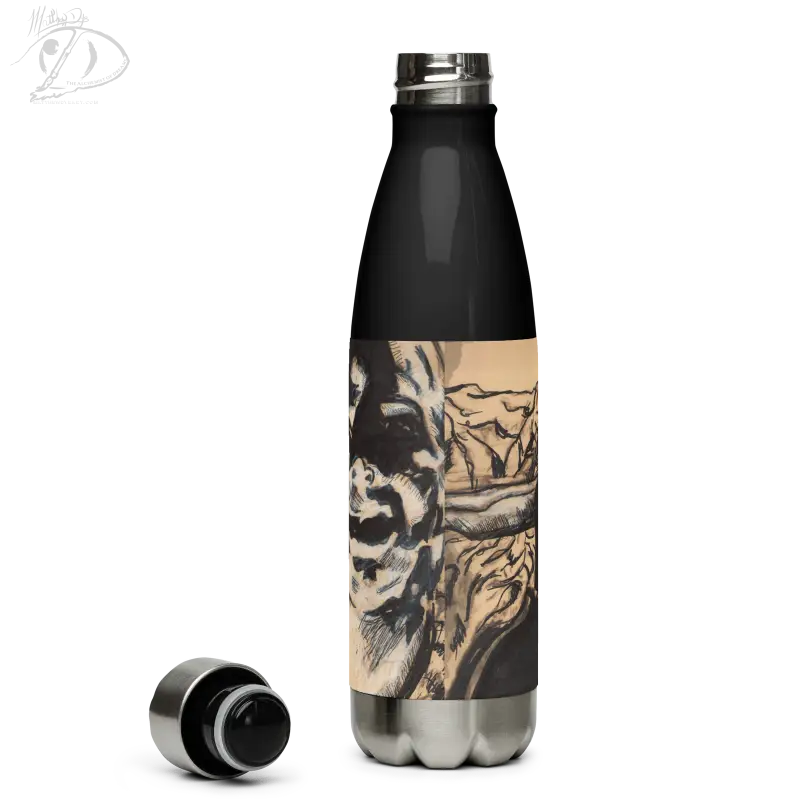 Stainless steel water bottle featuring an artistic brown and black swirl design