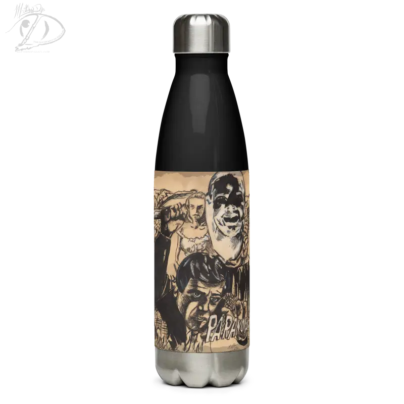 Black stainless steel water bottle featuring vintage-style horror artwork design