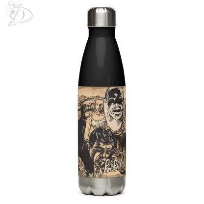 Black stainless steel water bottle featuring vintage-style horror artwork design