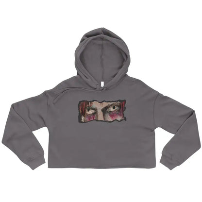 Gray cropped hoodie featuring artistic eye design, a remarkable statement piece for elegance