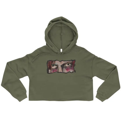 Olive green cropped hoodie showcasing an artistic eye design, a remarkable statement piece