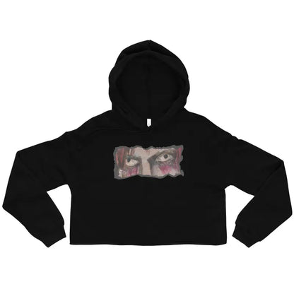 Black cropped hoodie featuring artistic eye design, a remarkable statement piece