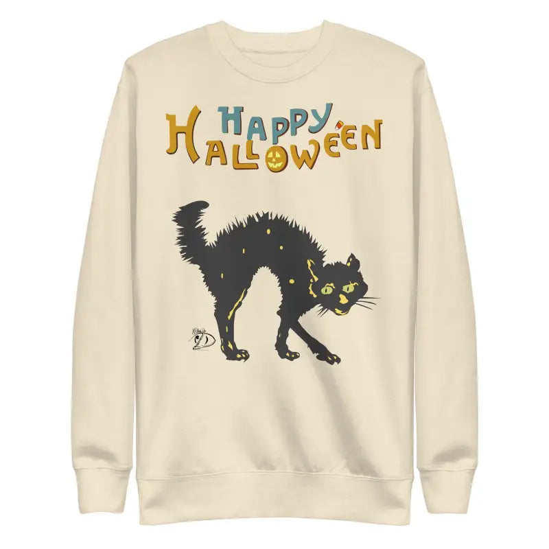 Beige sweatshirt with black cat design and colorful Halloween text for scary cat Halloween