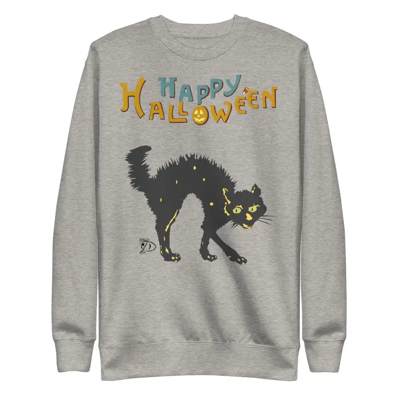 Grey sweatshirt with black cat design and colorful Happy Halloween text for Halloween nights