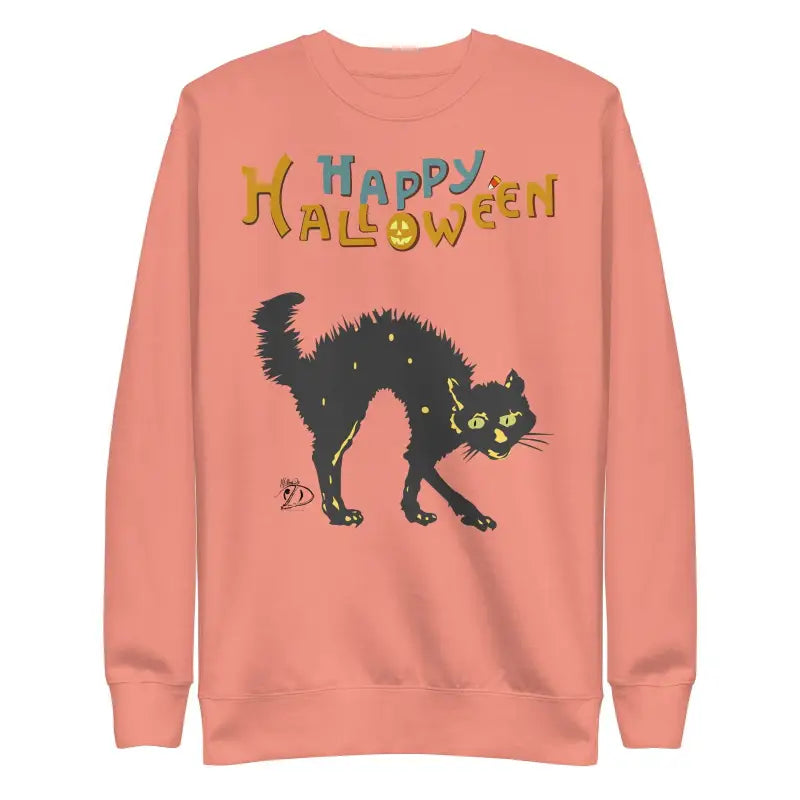 Peach-colored sweatshirt with a black cat design for Scary Cat Halloween festivities