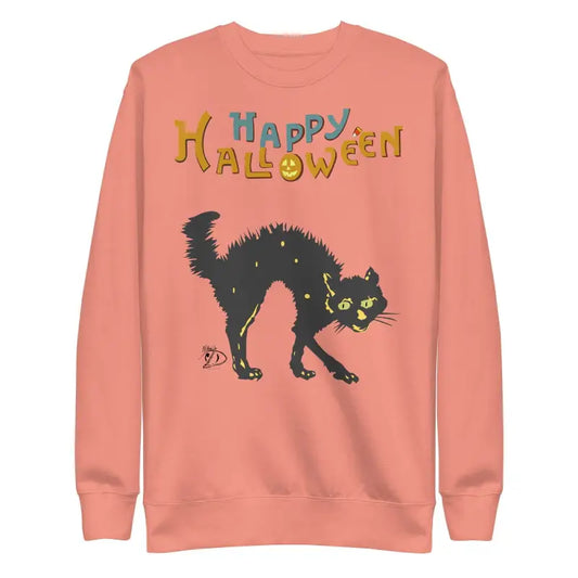 Peach sweatshirt with black cat design for a scary cat Halloween theme