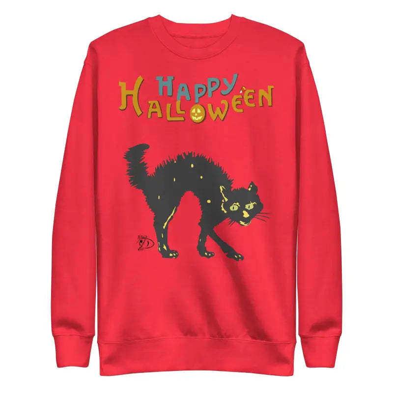 Red sweatshirt with a black cat design ideal for scary cat Halloween festivities