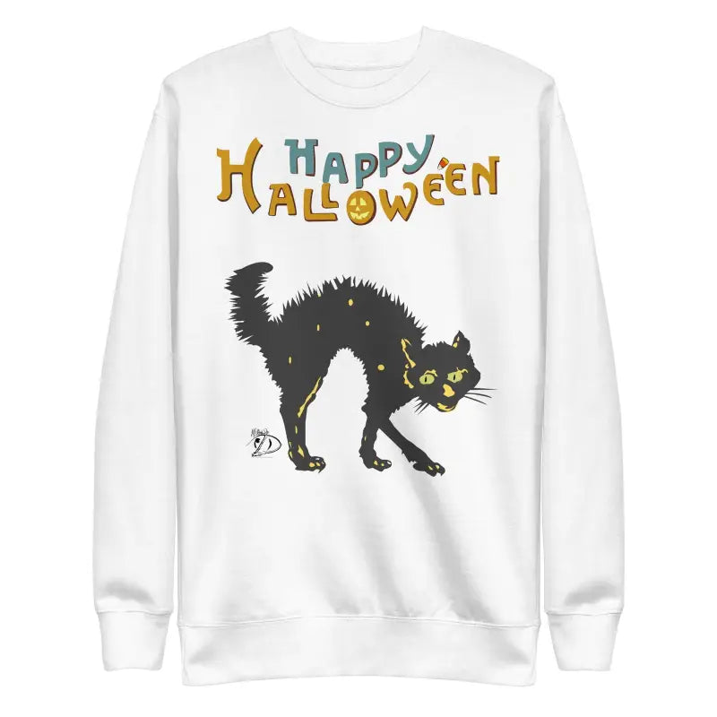 White sweatshirt with black cat design and colorful Happy Halloween text for Halloween nights