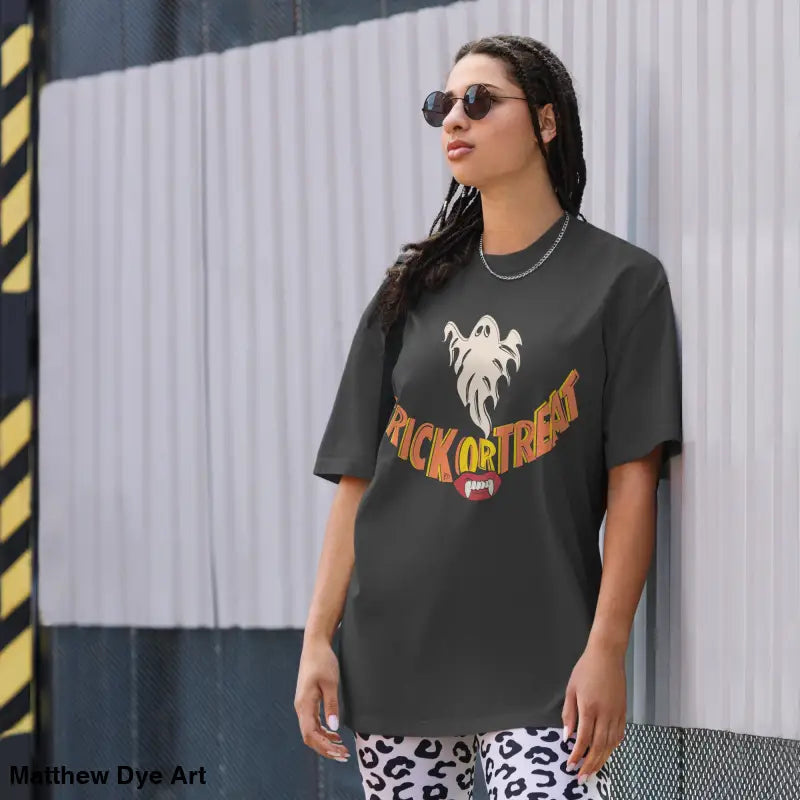 Black oversized faded t-shirt featuring Phantoms & Fangs for Halloween treat smiles